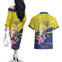 Curacao Flag Day Couples Matching Off The Shoulder Long Sleeve Dress and Hawaiian Shirt Felis Dia di Bandera Pink Plumeria - Wonder Print Shop