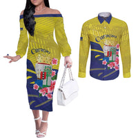 Curacao Flag Day Couples Matching Off The Shoulder Long Sleeve Dress and Long Sleeve Button Shirt Felis Dia di Bandera Pink Plumeria - Wonder Print Shop