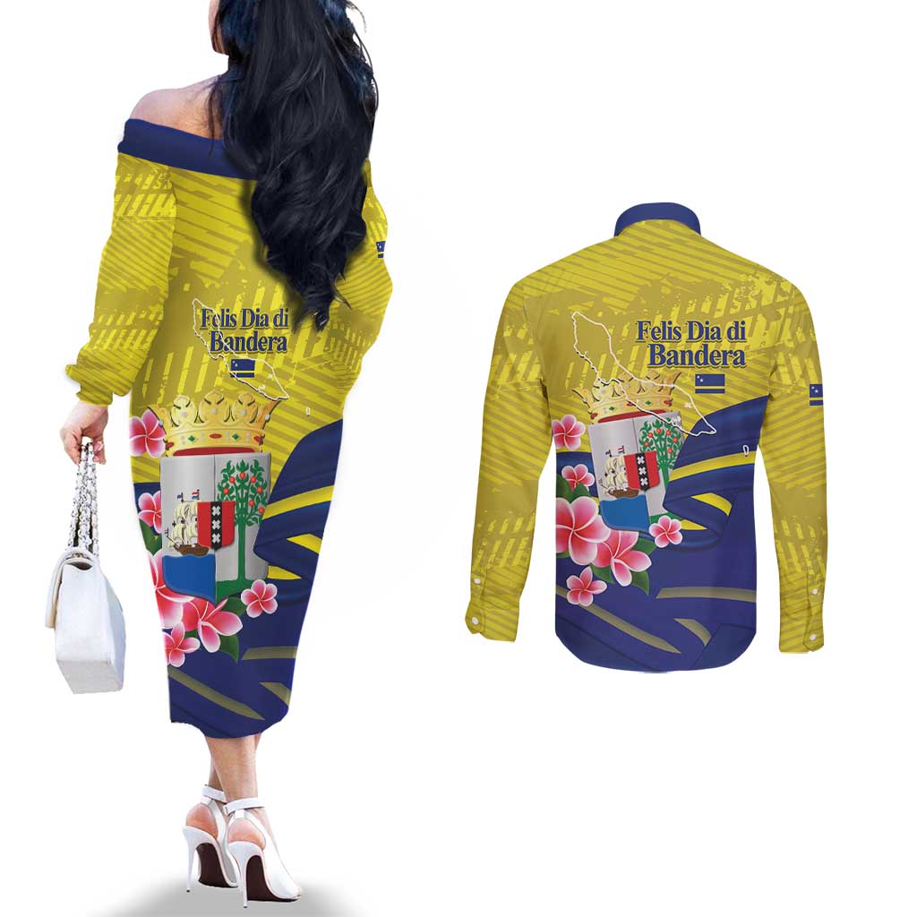 Curacao Flag Day Couples Matching Off The Shoulder Long Sleeve Dress and Long Sleeve Button Shirt Felis Dia di Bandera Pink Plumeria - Wonder Print Shop