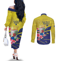 Curacao Flag Day Couples Matching Off The Shoulder Long Sleeve Dress and Long Sleeve Button Shirt Felis Dia di Bandera Pink Plumeria - Wonder Print Shop