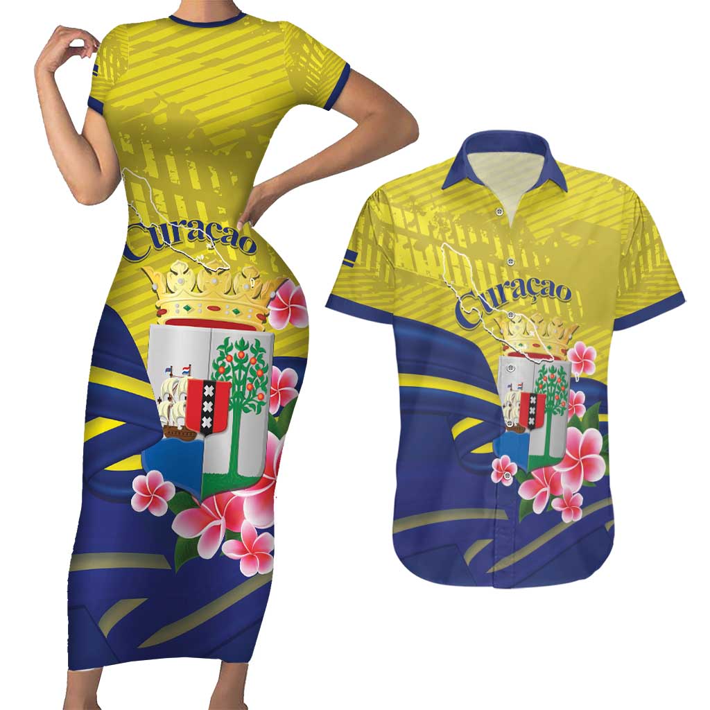 Curacao Flag Day Couples Matching Short Sleeve Bodycon Dress and Hawaiian Shirt Felis Dia di Bandera Pink Plumeria - Wonder Print Shop
