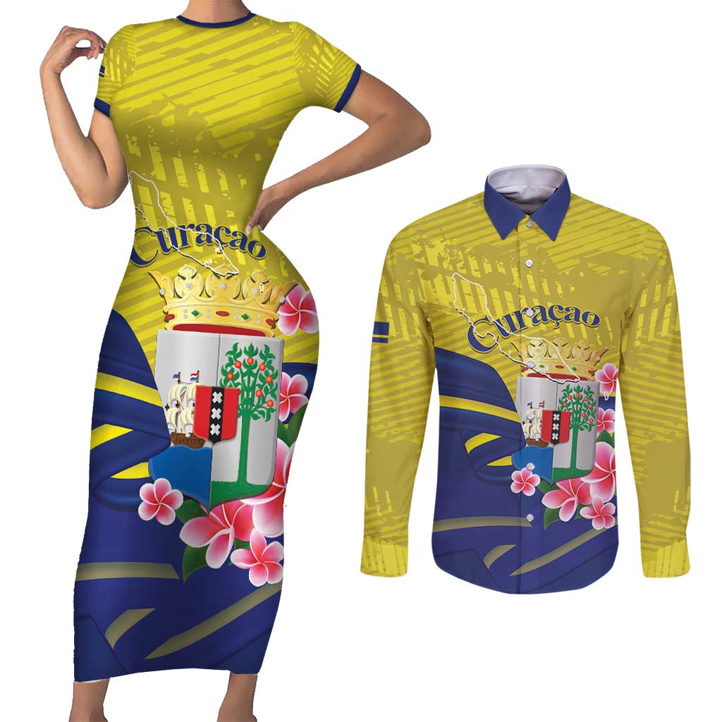 Curacao Flag Day Couples Matching Short Sleeve Bodycon Dress and Long Sleeve Button Shirt Felis Dia di Bandera Pink Plumeria - Wonder Print Shop