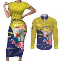 Curacao Flag Day Couples Matching Short Sleeve Bodycon Dress and Long Sleeve Button Shirt Felis Dia di Bandera Pink Plumeria - Wonder Print Shop