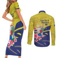 Curacao Flag Day Couples Matching Short Sleeve Bodycon Dress and Long Sleeve Button Shirt Felis Dia di Bandera Pink Plumeria - Wonder Print Shop