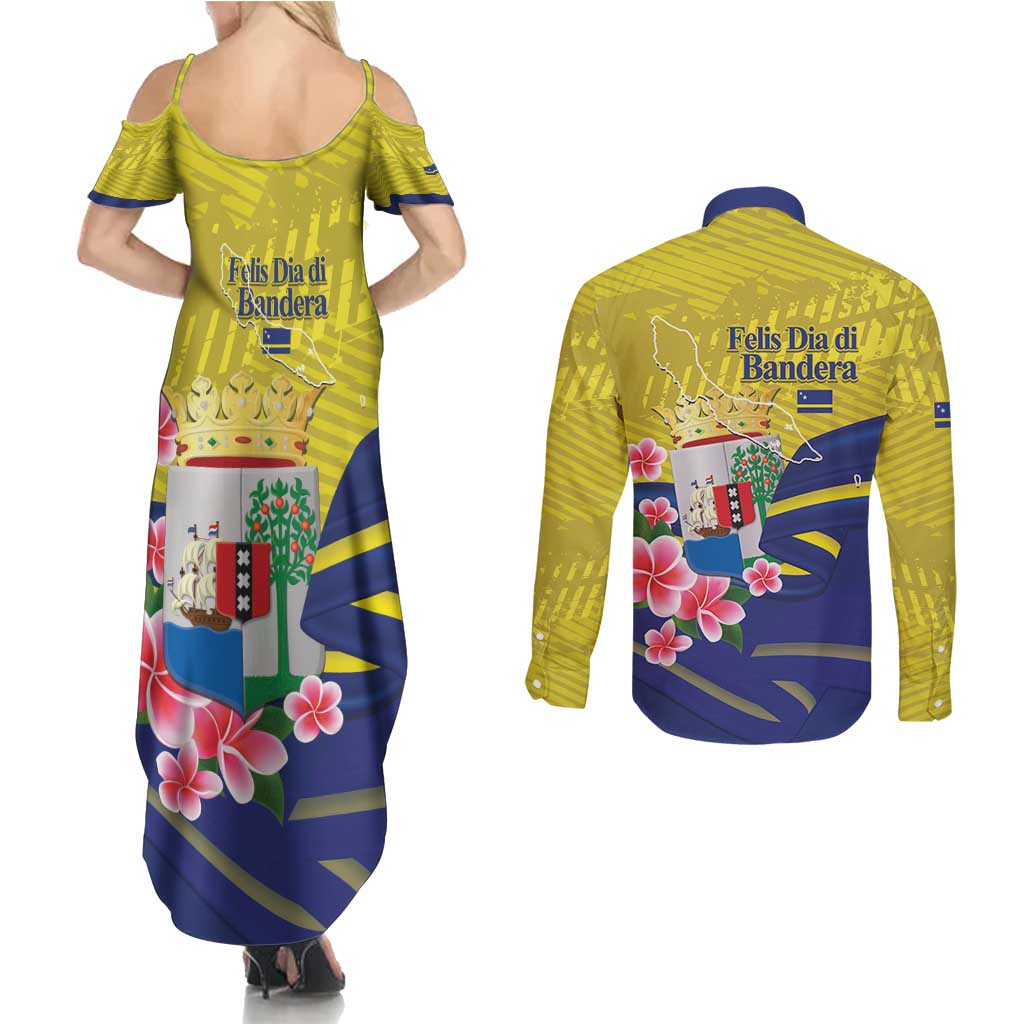 Curacao Flag Day Couples Matching Summer Maxi Dress and Long Sleeve Button Shirt Felis Dia di Bandera Pink Plumeria - Wonder Print Shop