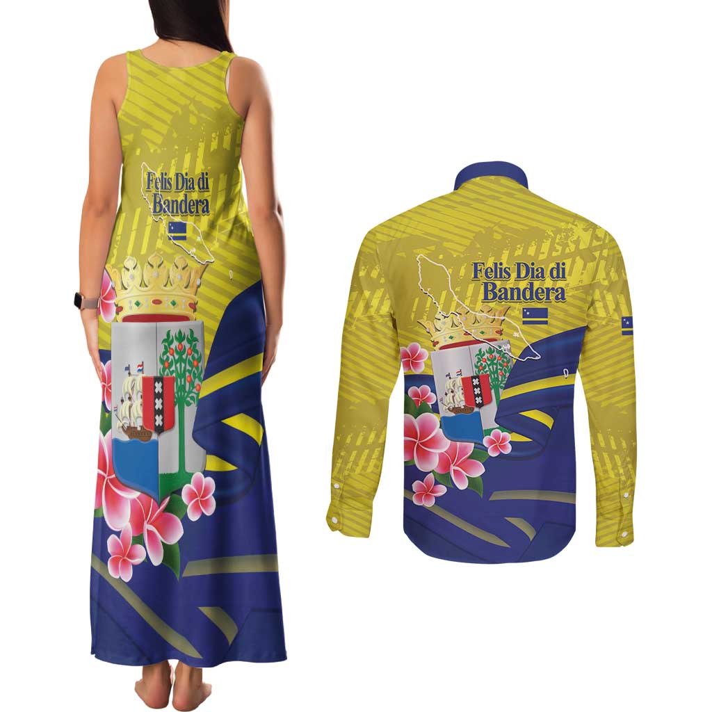 Curacao Flag Day Couples Matching Tank Maxi Dress and Long Sleeve Button Shirt Felis Dia di Bandera Pink Plumeria - Wonder Print Shop