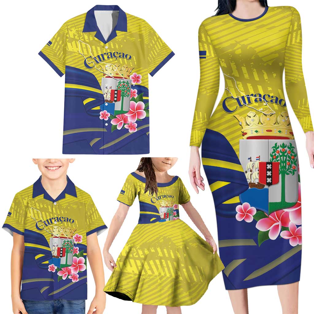 Curacao Flag Day Family Matching Long Sleeve Bodycon Dress and Hawaiian Shirt Felis Dia di Bandera Pink Plumeria - Wonder Print Shop
