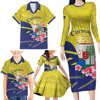 Curacao Flag Day Family Matching Long Sleeve Bodycon Dress and Hawaiian Shirt Felis Dia di Bandera Pink Plumeria - Wonder Print Shop