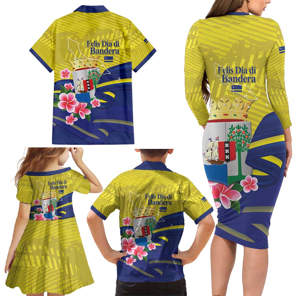 Curacao Flag Day Family Matching Long Sleeve Bodycon Dress and Hawaiian Shirt Felis Dia di Bandera Pink Plumeria - Wonder Print Shop