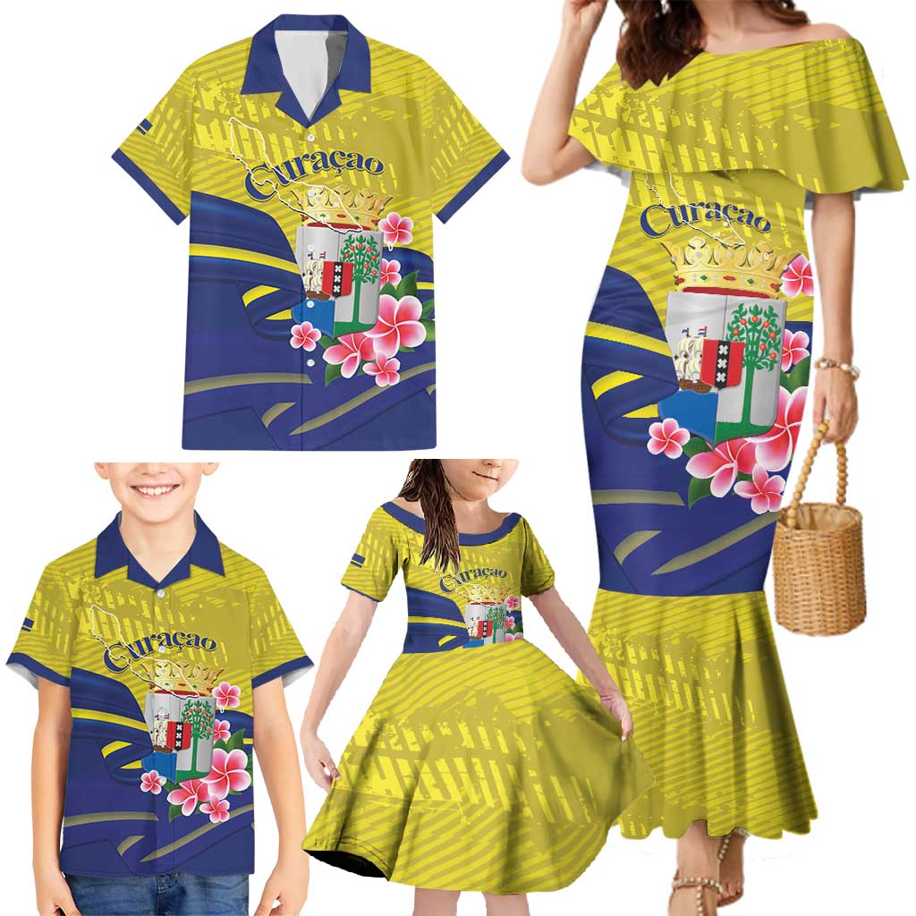Curacao Flag Day Family Matching Mermaid Dress and Hawaiian Shirt Felis Dia di Bandera Pink Plumeria - Wonder Print Shop