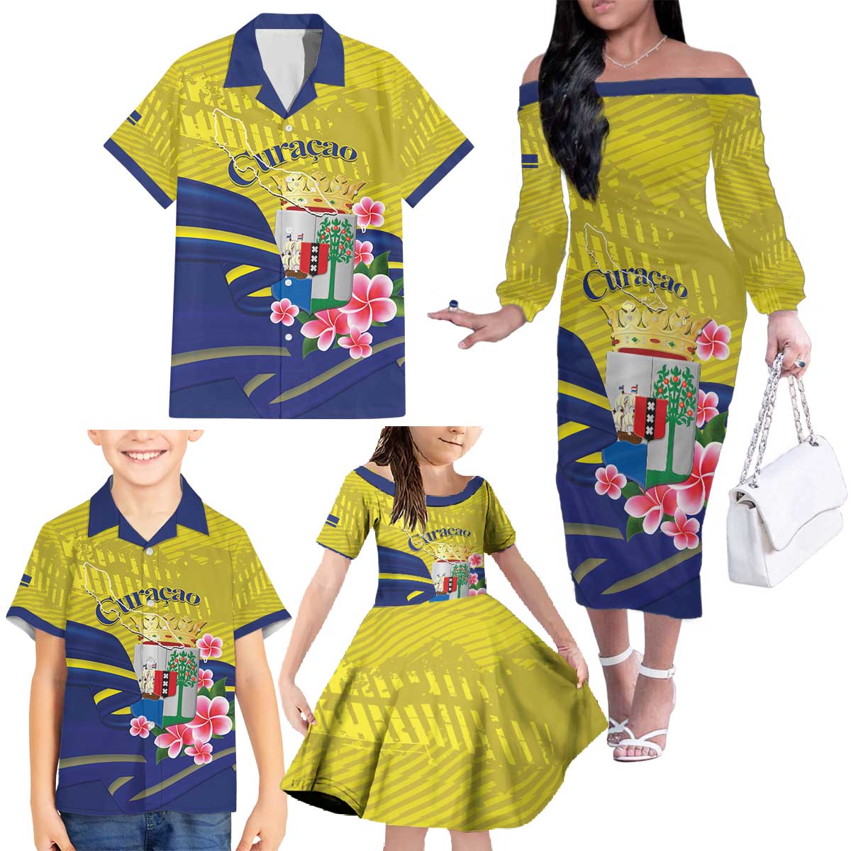 Curacao Flag Day Family Matching Off The Shoulder Long Sleeve Dress and Hawaiian Shirt Felis Dia di Bandera Pink Plumeria - Wonder Print Shop