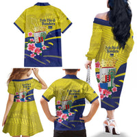 Curacao Flag Day Family Matching Off The Shoulder Long Sleeve Dress and Hawaiian Shirt Felis Dia di Bandera Pink Plumeria - Wonder Print Shop