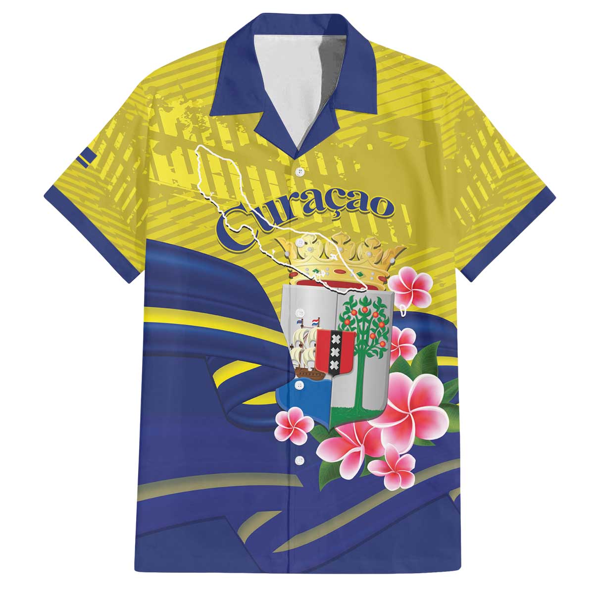 Curacao Flag Day Family Matching Off The Shoulder Long Sleeve Dress and Hawaiian Shirt Felis Dia di Bandera Pink Plumeria - Wonder Print Shop