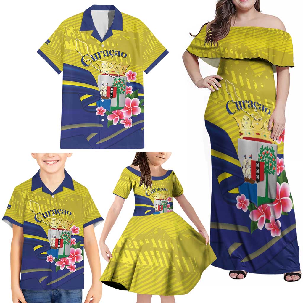 Curacao Flag Day Family Matching Off Shoulder Maxi Dress and Hawaiian Shirt Felis Dia di Bandera Pink Plumeria - Wonder Print Shop