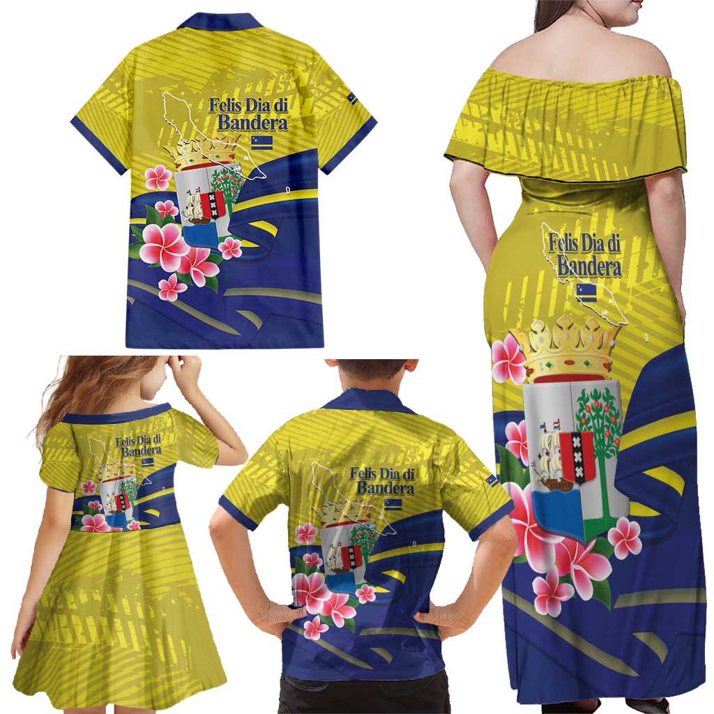 Curacao Flag Day Family Matching Off Shoulder Maxi Dress and Hawaiian Shirt Felis Dia di Bandera Pink Plumeria - Wonder Print Shop