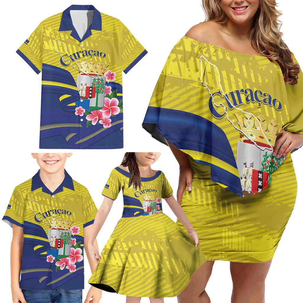 Curacao Flag Day Family Matching Off Shoulder Short Dress and Hawaiian Shirt Felis Dia di Bandera Pink Plumeria - Wonder Print Shop