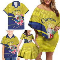 Curacao Flag Day Family Matching Off Shoulder Short Dress and Hawaiian Shirt Felis Dia di Bandera Pink Plumeria - Wonder Print Shop