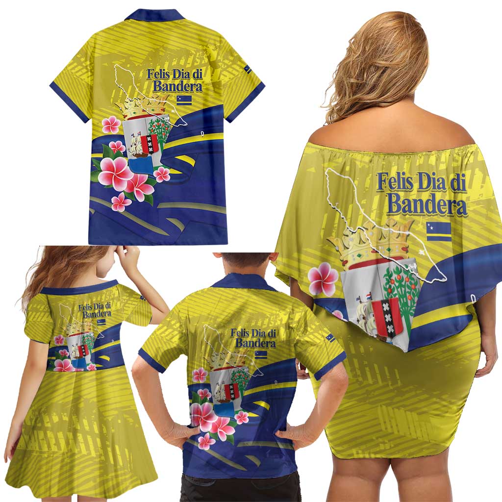 Curacao Flag Day Family Matching Off Shoulder Short Dress and Hawaiian Shirt Felis Dia di Bandera Pink Plumeria - Wonder Print Shop
