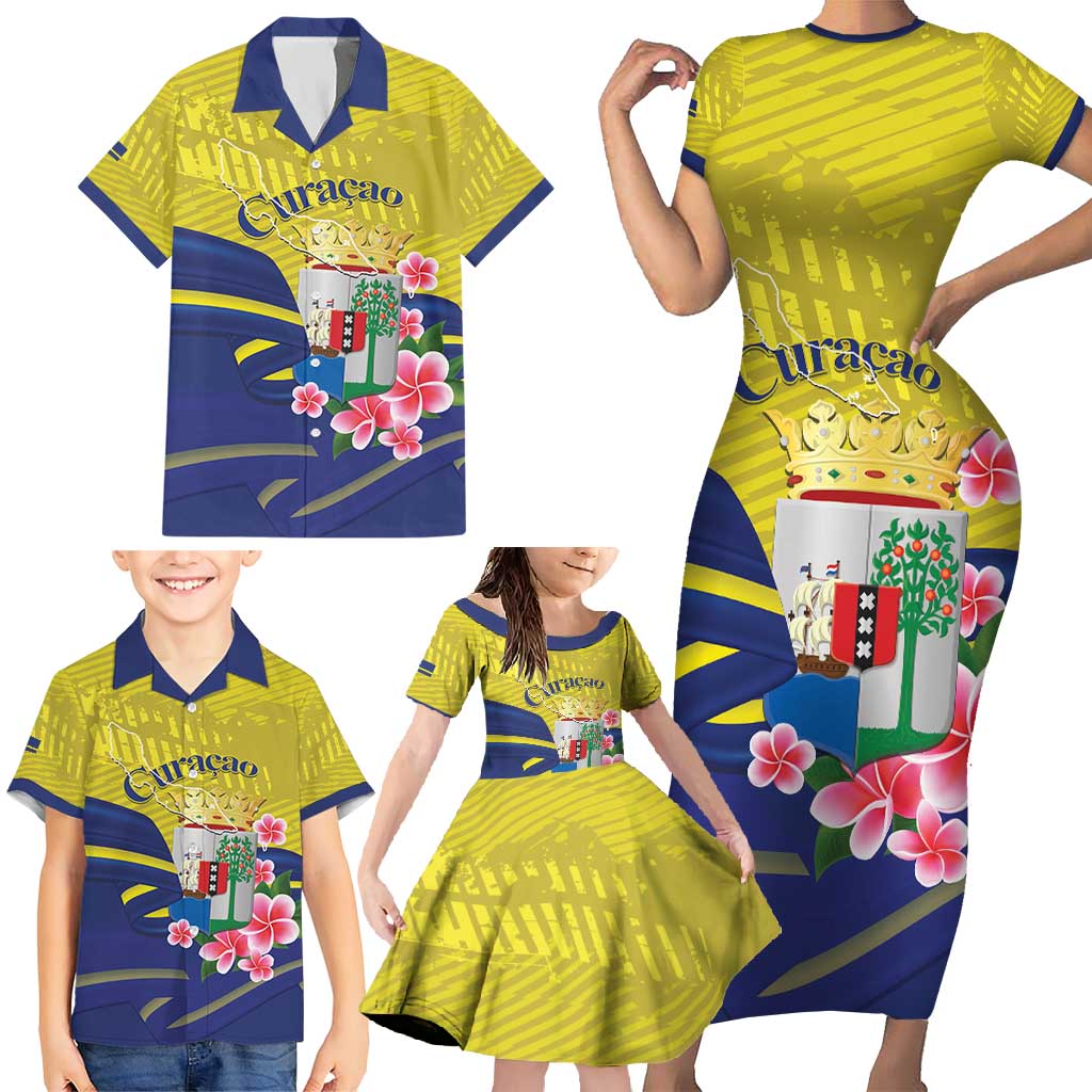 Curacao Flag Day Family Matching Short Sleeve Bodycon Dress and Hawaiian Shirt Felis Dia di Bandera Pink Plumeria - Wonder Print Shop
