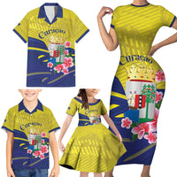 Curacao Flag Day Family Matching Short Sleeve Bodycon Dress and Hawaiian Shirt Felis Dia di Bandera Pink Plumeria - Wonder Print Shop