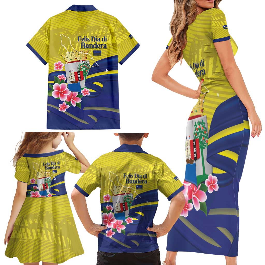 Curacao Flag Day Family Matching Short Sleeve Bodycon Dress and Hawaiian Shirt Felis Dia di Bandera Pink Plumeria - Wonder Print Shop
