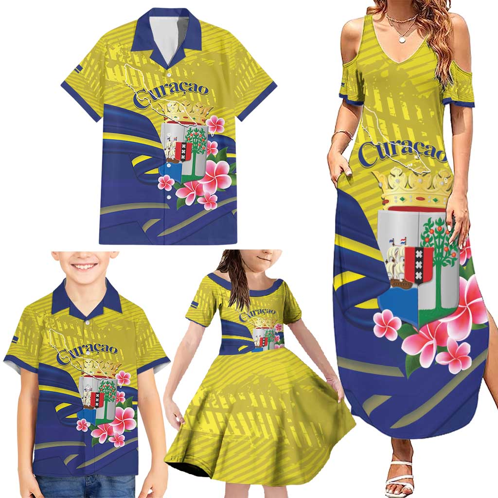 Curacao Flag Day Family Matching Summer Maxi Dress and Hawaiian Shirt Felis Dia di Bandera Pink Plumeria - Wonder Print Shop