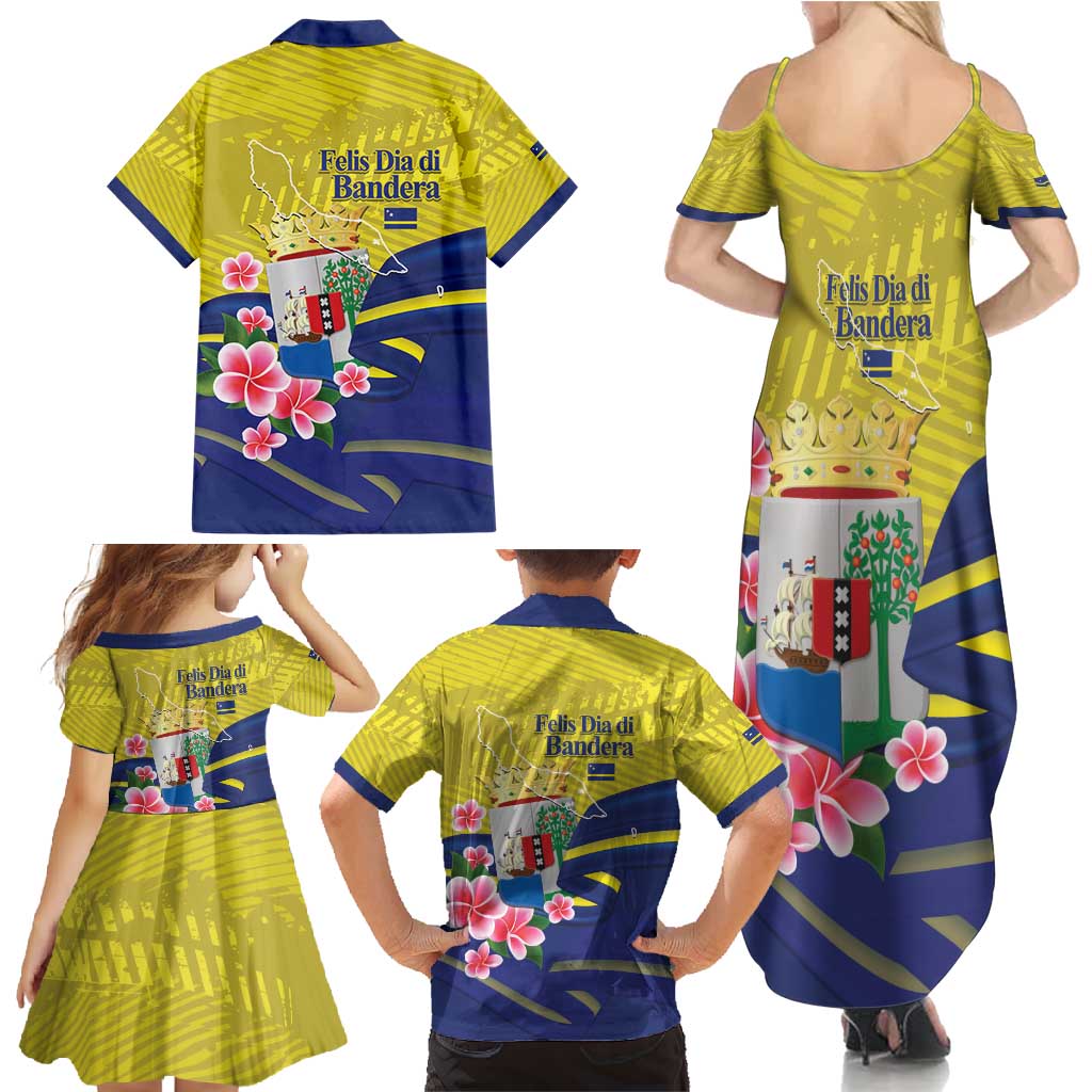 Curacao Flag Day Family Matching Summer Maxi Dress and Hawaiian Shirt Felis Dia di Bandera Pink Plumeria - Wonder Print Shop