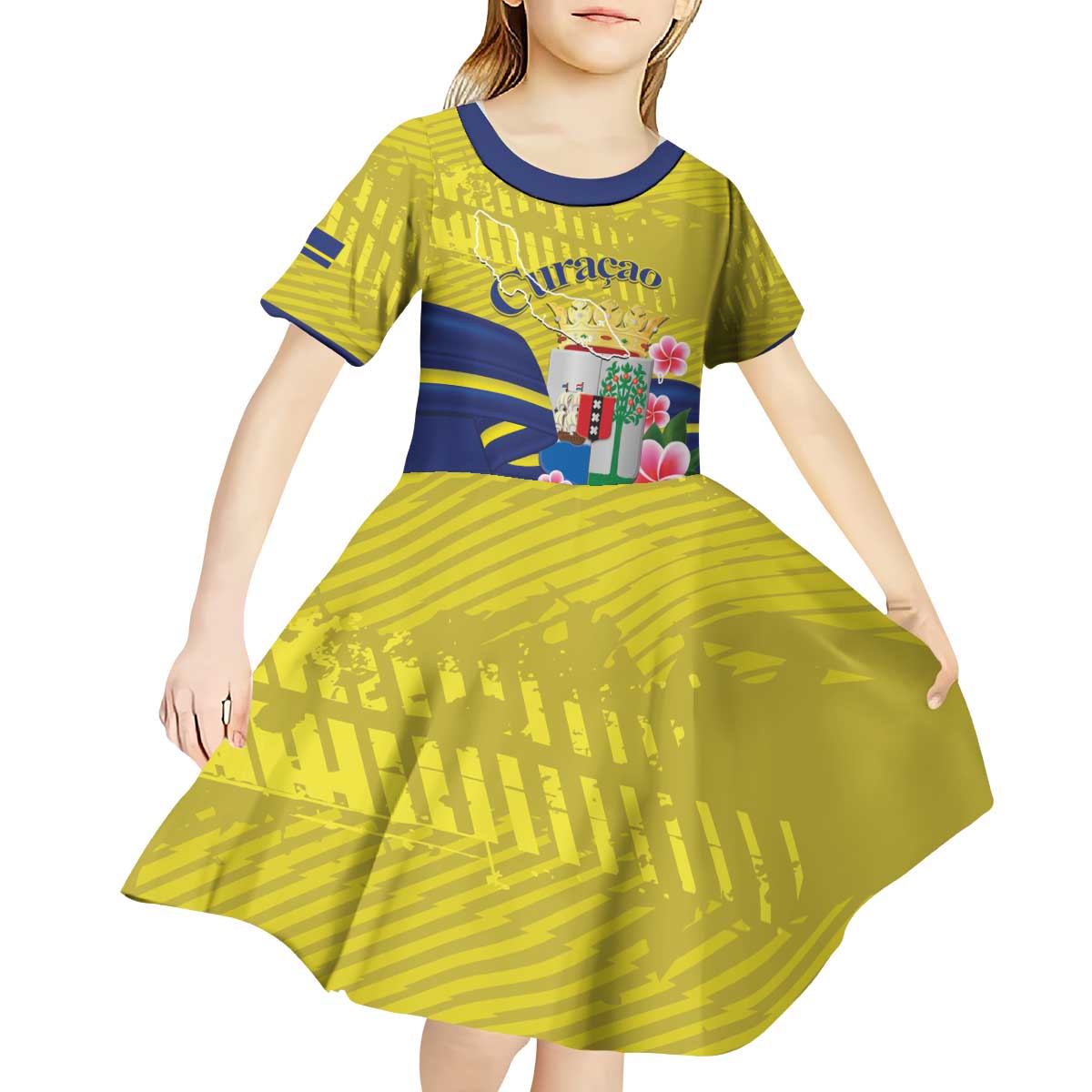 Curacao Flag Day Kid Short Sleeve Dress Felis Dia di Bandera Pink Plumeria - Wonder Print Shop