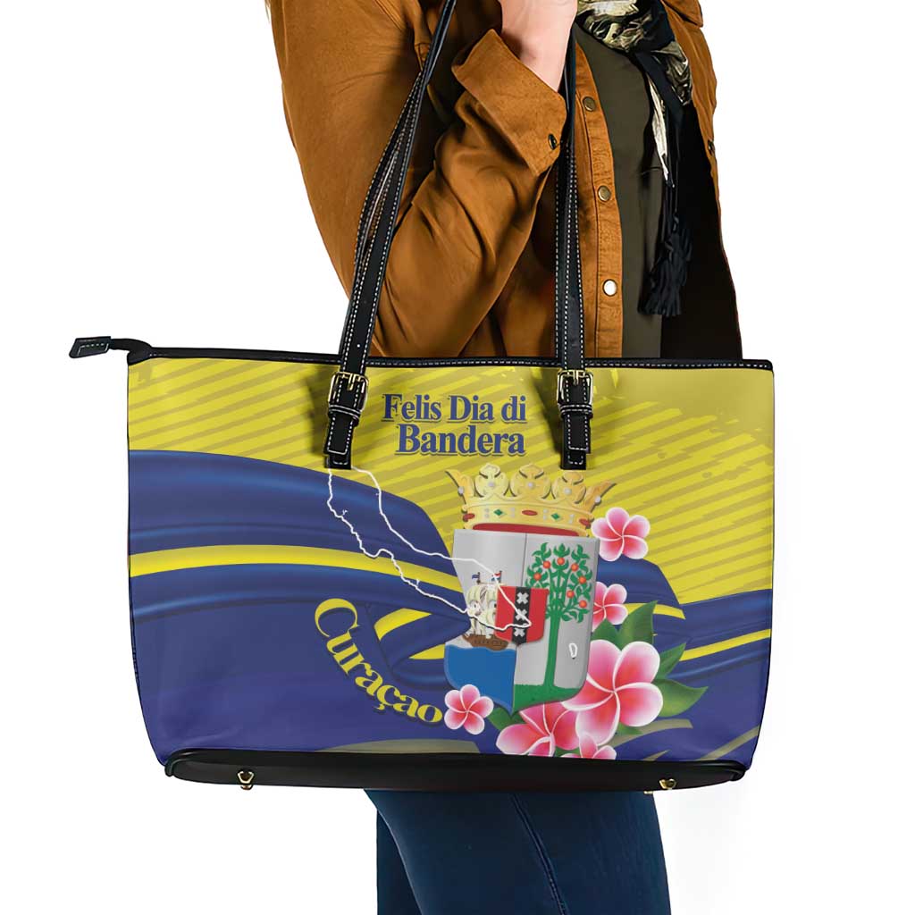 Curacao Flag Day Leather Tote Bag Felis Dia di Bandera Pink Plumeria - Wonder Print Shop