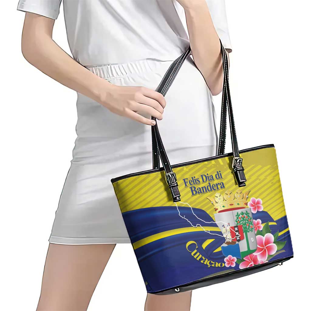 Curacao Flag Day Leather Tote Bag Felis Dia di Bandera Pink Plumeria - Wonder Print Shop
