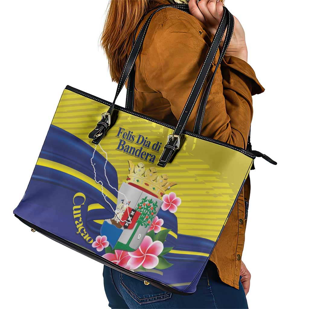 Curacao Flag Day Leather Tote Bag Felis Dia di Bandera Pink Plumeria - Wonder Print Shop