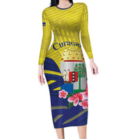 Curacao Flag Day Long Sleeve Bodycon Dress Felis Dia di Bandera Pink Plumeria - Wonder Print Shop