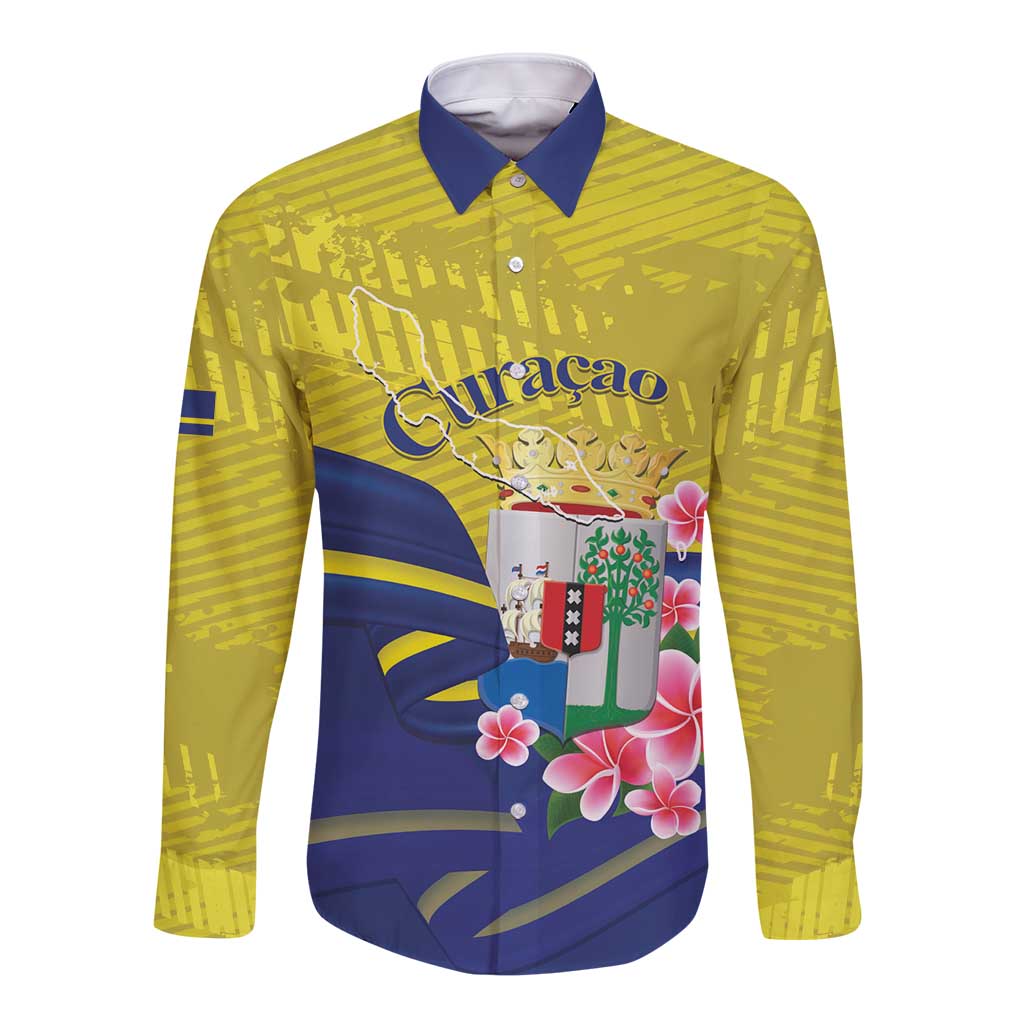 Curacao Flag Day Long Sleeve Button Shirt Felis Dia di Bandera Pink Plumeria - Wonder Print Shop