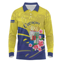 Curacao Flag Day Long Sleeve Polo Shirt Felis Dia di Bandera Pink Plumeria - Wonder Print Shop