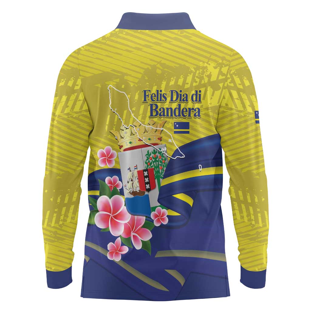 Curacao Flag Day Long Sleeve Polo Shirt Felis Dia di Bandera Pink Plumeria - Wonder Print Shop