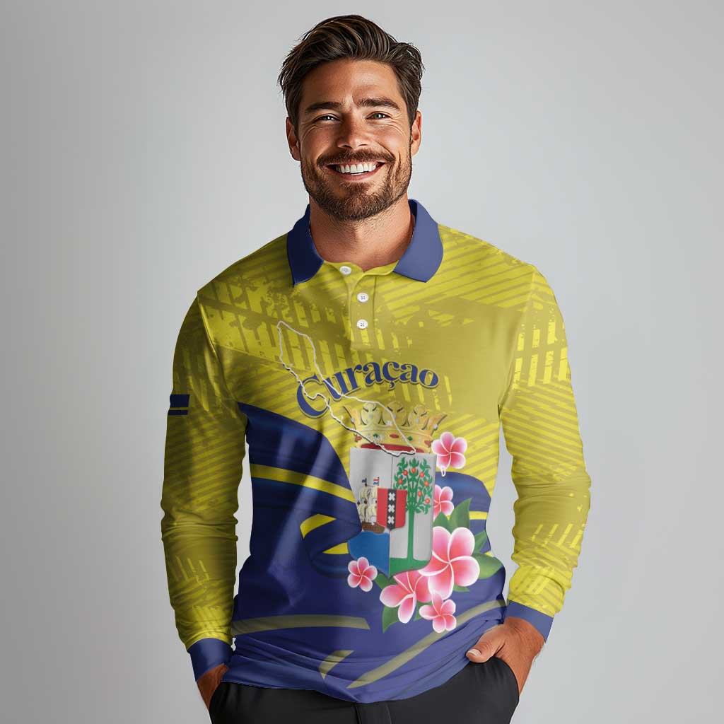 Curacao Flag Day Long Sleeve Polo Shirt Felis Dia di Bandera Pink Plumeria - Wonder Print Shop