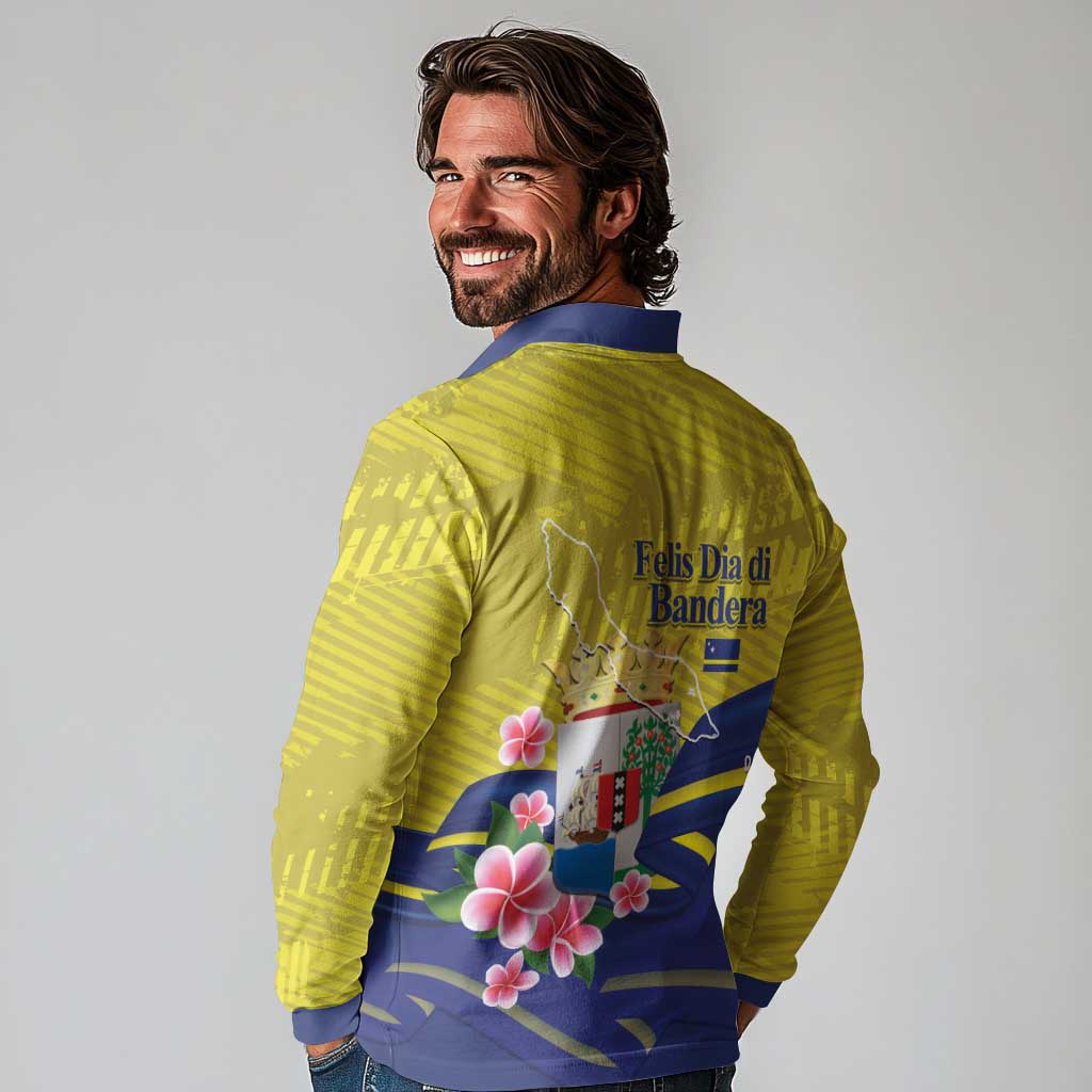 Curacao Flag Day Long Sleeve Polo Shirt Felis Dia di Bandera Pink Plumeria - Wonder Print Shop