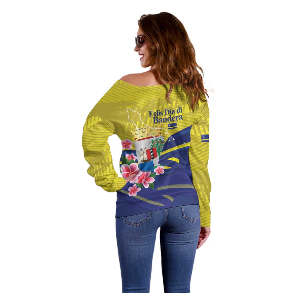 Curacao Flag Day Off Shoulder Sweater Felis Dia di Bandera Pink Plumeria - Wonder Print Shop
