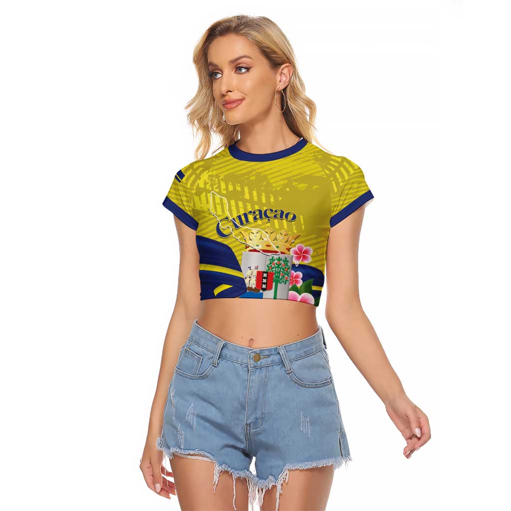 Curacao Flag Day Raglan Cropped T Shirt Felis Dia di Bandera Pink Plumeria - Wonder Print Shop