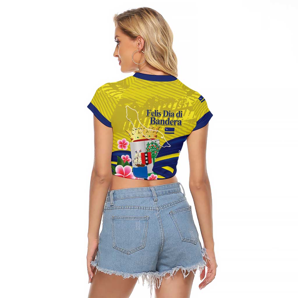Curacao Flag Day Raglan Cropped T Shirt Felis Dia di Bandera Pink Plumeria - Wonder Print Shop