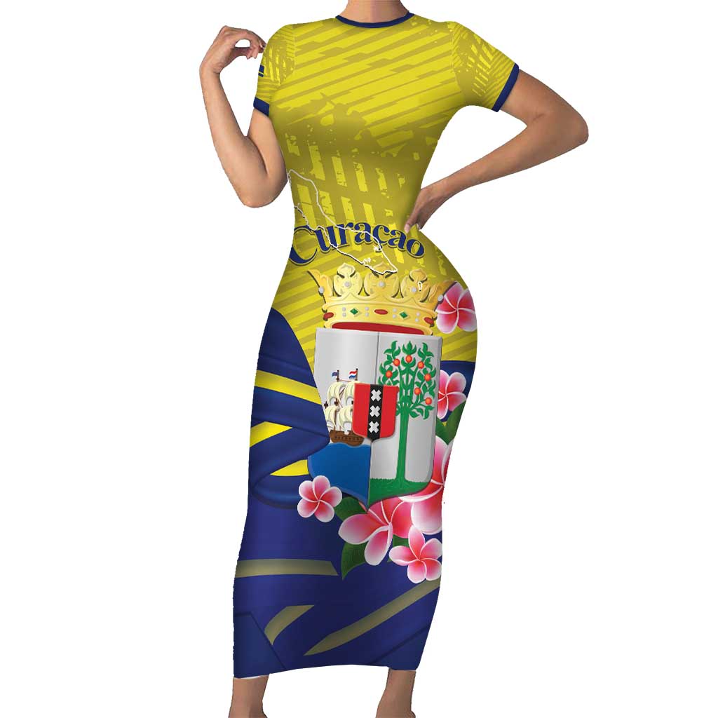 Curacao Flag Day Short Sleeve Bodycon Dress Felis Dia di Bandera Pink Plumeria - Wonder Print Shop