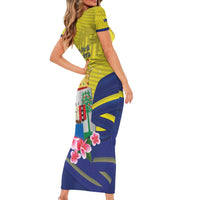 Curacao Flag Day Short Sleeve Bodycon Dress Felis Dia di Bandera Pink Plumeria - Wonder Print Shop