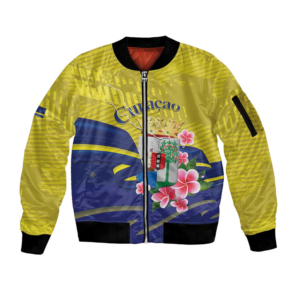 Curacao Flag Day Sleeve Zip Bomber Jacket Felis Dia di Bandera Pink Plumeria - Wonder Print Shop