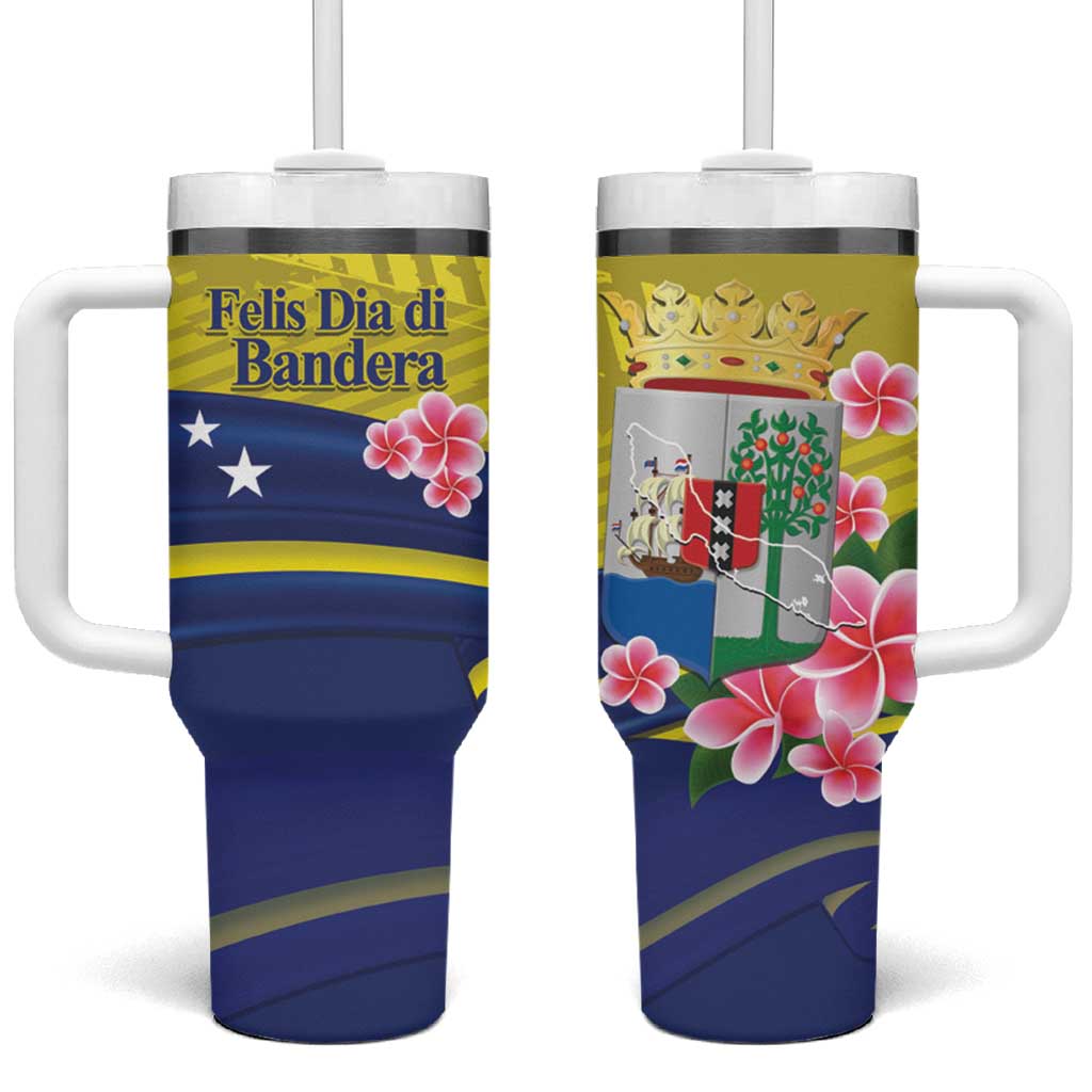 Curacao Flag Day Tumbler With Handle Felis Dia di Bandera Pink Plumeria - Wonder Print Shop