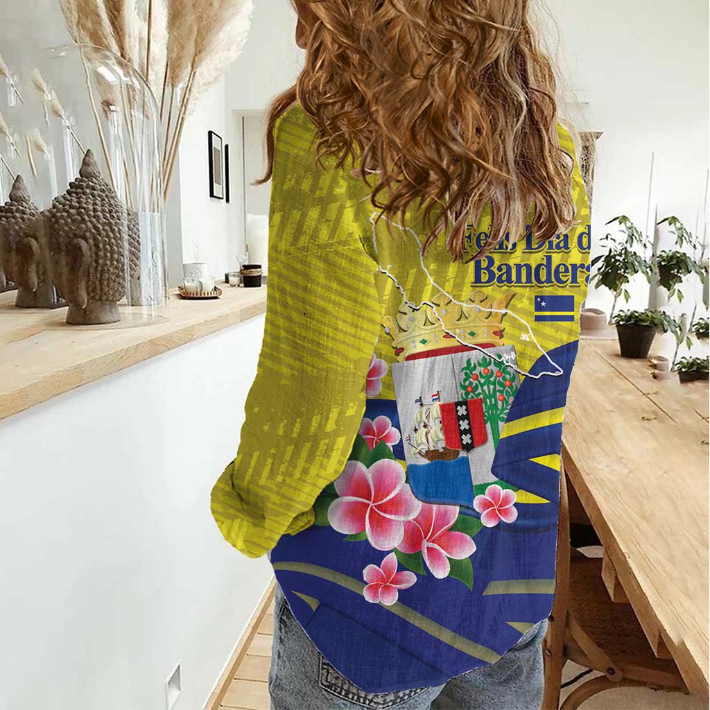 Curacao Flag Day Women Casual Shirt Felis Dia di Bandera Pink Plumeria - Wonder Print Shop