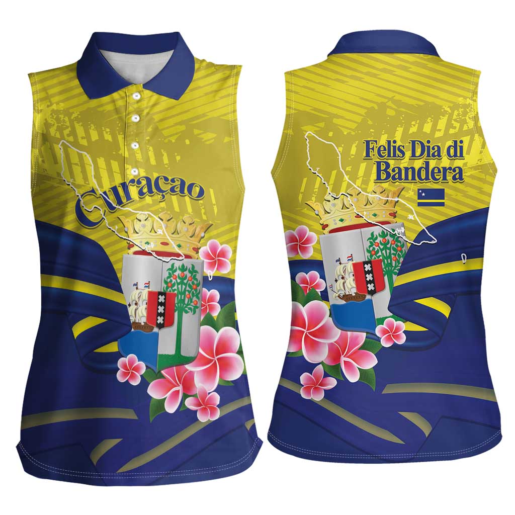 Curacao Flag Day Women Sleeveless Polo Shirt Felis Dia di Bandera Pink Plumeria - Wonder Print Shop