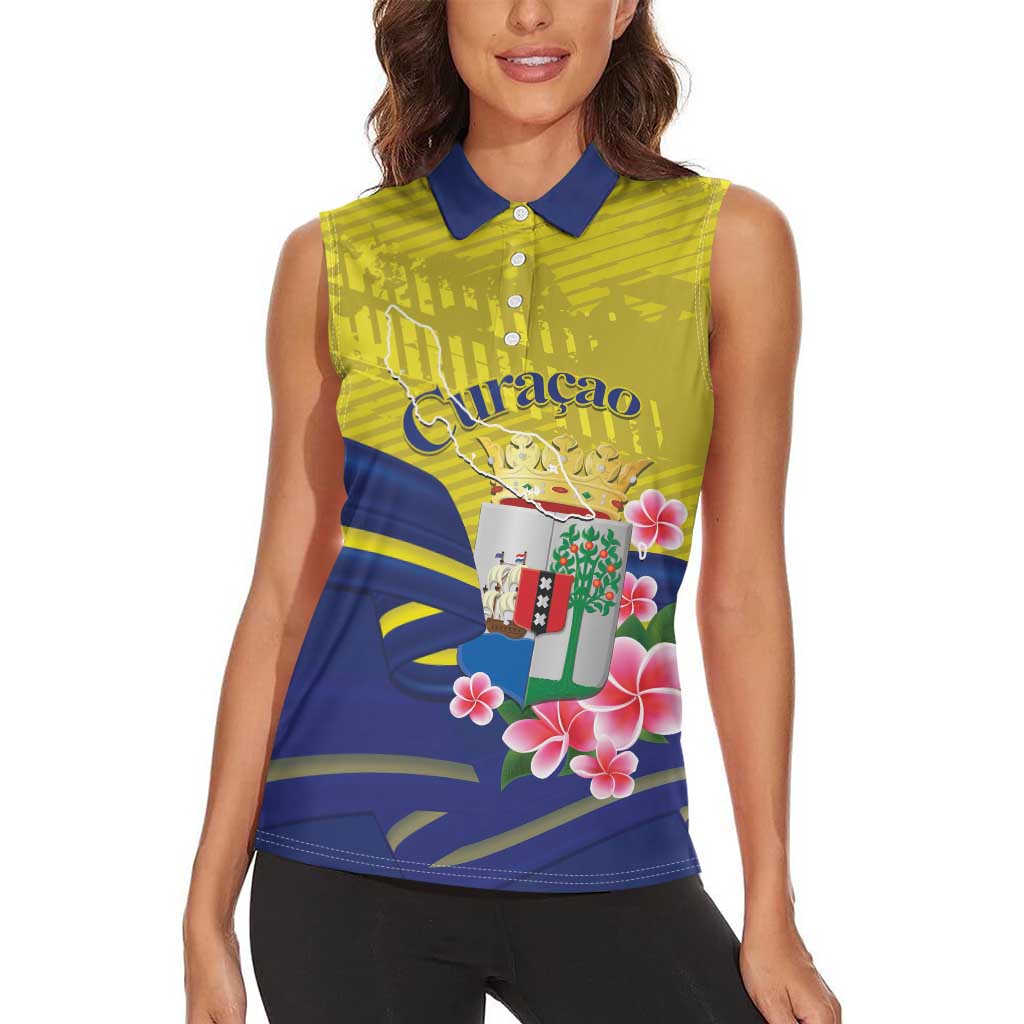 Curacao Flag Day Women Sleeveless Polo Shirt Felis Dia di Bandera Pink Plumeria - Wonder Print Shop