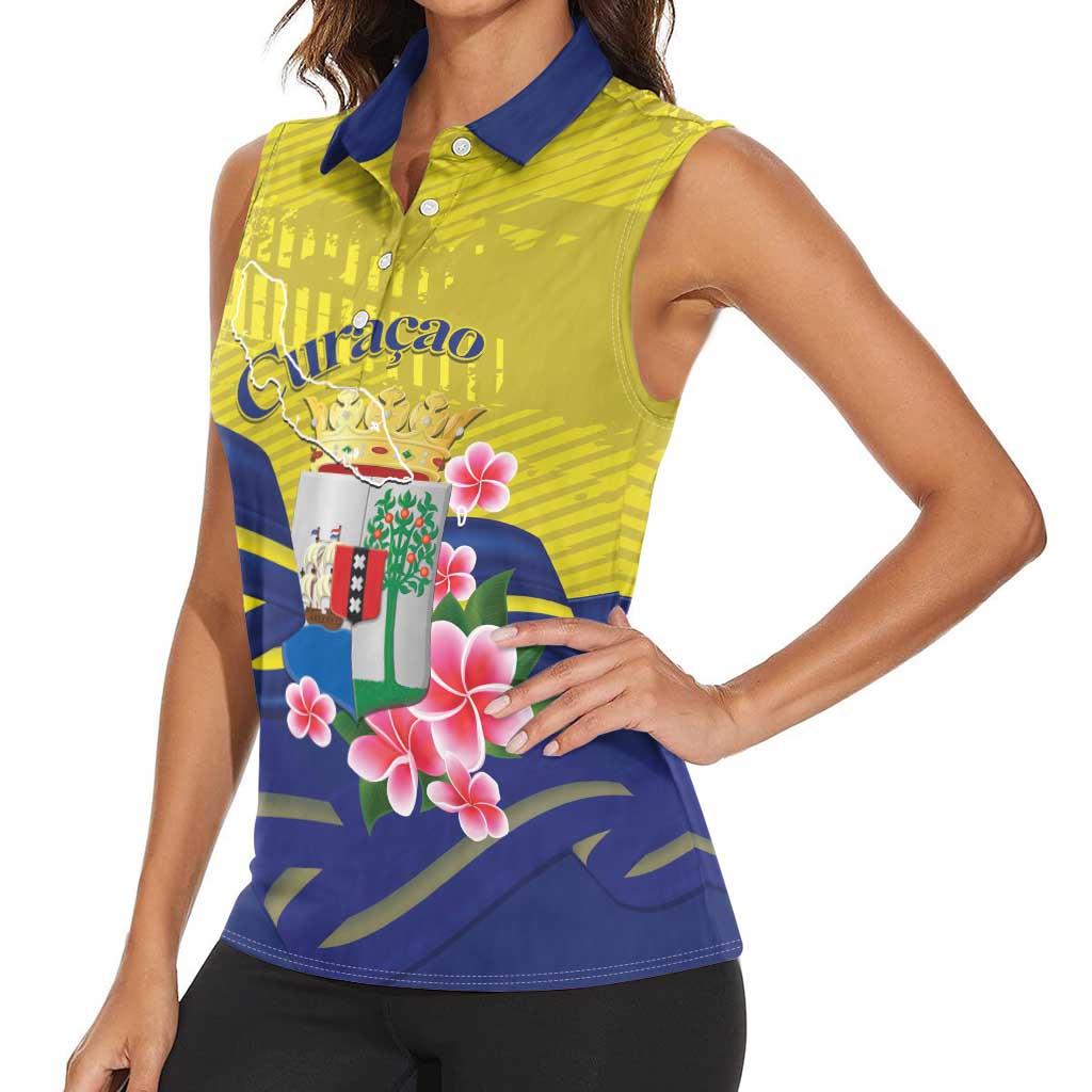 Curacao Flag Day Women Sleeveless Polo Shirt Felis Dia di Bandera Pink Plumeria - Wonder Print Shop