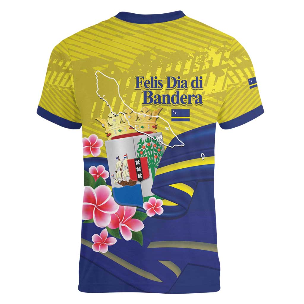 Curacao Flag Day Women V-Neck T-Shirt Felis Dia di Bandera Pink Plumeria - Wonder Print Shop