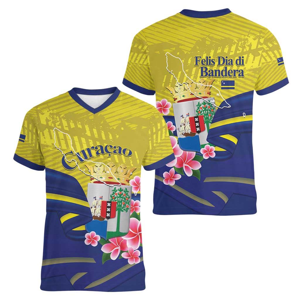 Curacao Flag Day Women V-Neck T-Shirt Felis Dia di Bandera Pink Plumeria - Wonder Print Shop